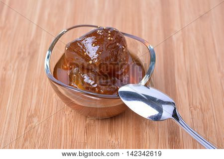 Homemade fig jam in a glass bowl