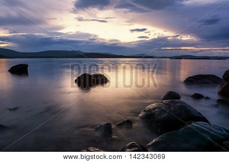 Sunset in the blue hour Black sea coast Bulgaria
