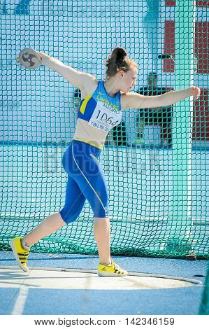 HARKUSHA Darya from Ukraine during discus throw competition at the European Athletics Youth Championships in the Athletics Stadium Tbilisi Georgia 14 July 2016