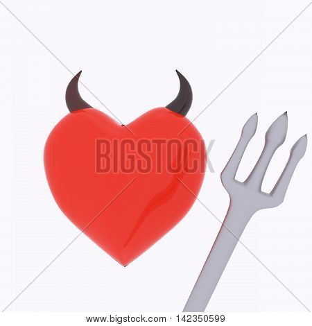 3D rendering of red horns on a heart and fork in black background