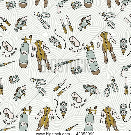 Vector seamless pattern with diving equipment. Scuba, oxygen balloon, diver knife, harpoon, spear gun, gauge camera
