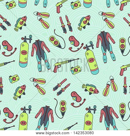 Vector seamless pattern with diving equipment. Scuba, oxygen balloon, diver knife, harpoon, spear gun, gauge camera