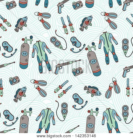 Vector seamless pattern with diving equipment. Scuba, oxygen balloon, diver knife, harpoon, spear gun, gauge camera