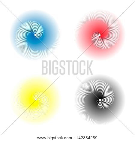 Radiating spirally element. Blurred background set.  Vector illustration.