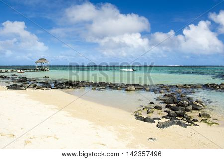 Beautiful tropical rocky beach, Bel Ombre, Mauritius island