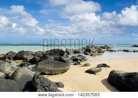 Beautiful tropical rocky beach, Bel Ombre, Mauritius island