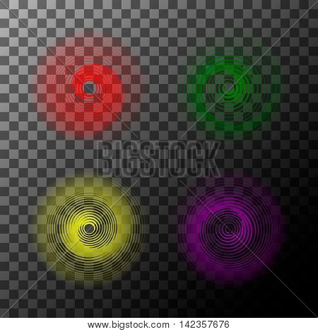 Set of spiral motion elements, red,green,yellow, pink isolated objects. Vector illustration.