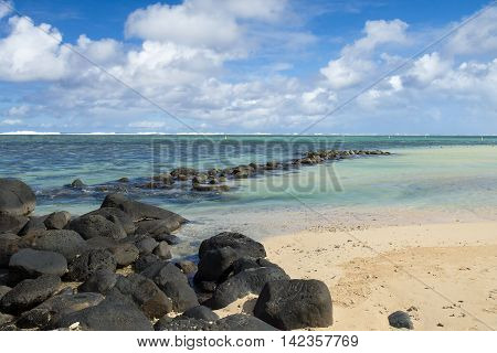 Beautiful tropical rocky beach, Bel Ombre, Mauritius island