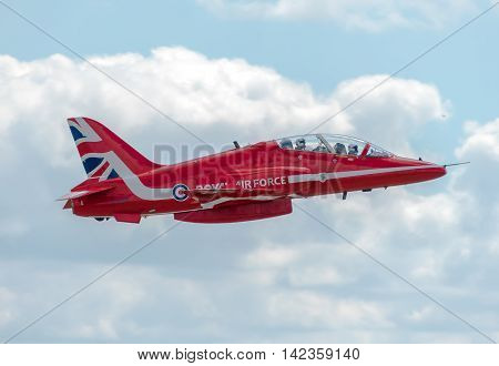 CHESTER UNITED KINGDOM - August 06 2016: Red Arrows departing from Chester Airport. Chester Airport August 06 2016