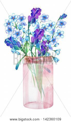 An image, illustration of a bouquet of the wildflowers (forget-me-not (Myosotis) and lavender flowers) in a glass jar, painted in a watercolor on a white background