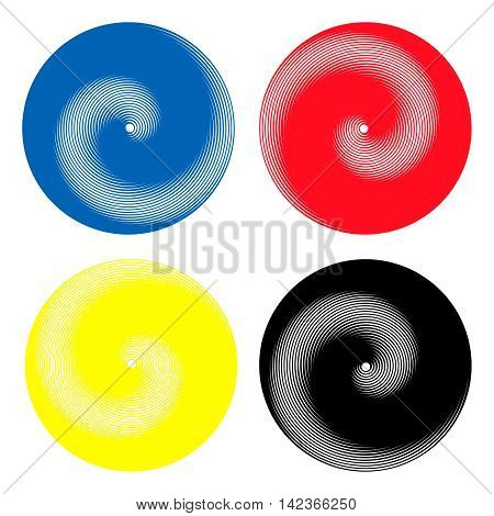 Radial circles monochrome abstract element.  Set of spirally circular shapes.