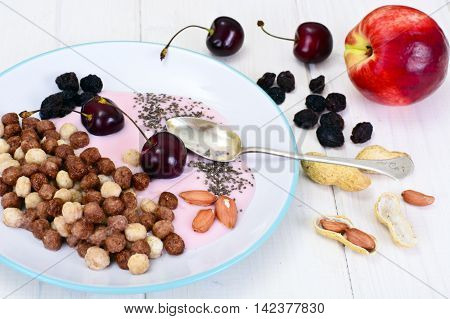 Protein Chocolate Beakfast with Chia Seeds and Peanuts Studio Photo