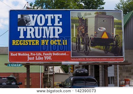 Quarryville PA - August 12 2016: A large billboard in Lancaster County seeks to register Amish voters to support Donald Trump for President.