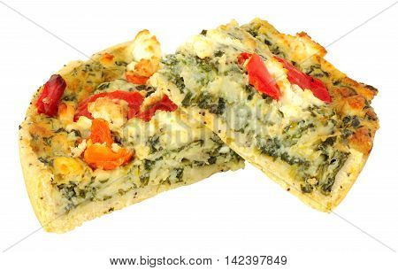 Spinach and feta cheese quiche with roasted peppers isolated on a white background