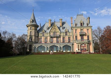THUN, SWITZERLAND- Nov 13, 2015: Schloss Schadau and garden on Nov 13, 2015 in Thun, Switzerland. It is a beautiful castle facing Lake Thun and in Interlaken region.
