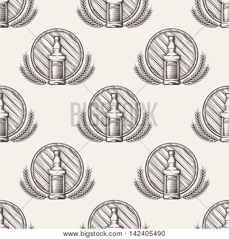 Whisky seamless pattern with barrel bottle and wheat. Vector illustration