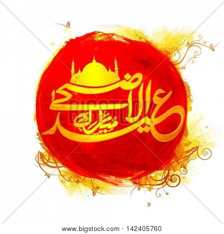Golden glowing Arabic Islamic Calligraphy Text Eid-Al-Adha Mubarak with Mosque on abstract background for Muslim Community, Festival of Sacrifice Celebration.