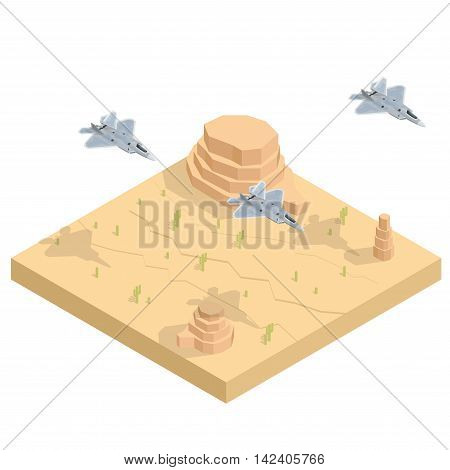 Military airplane at flying. Flat 3d isometric high quality military vehicles machinery transport