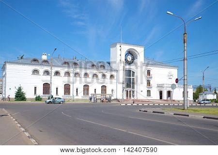 VELIKY NOVGOROD RUSSIA - JUNE 02 2016: View of the building of the railway station on a sunny june day. Historical landmark of the city Velikiy Novgorod, Russia
