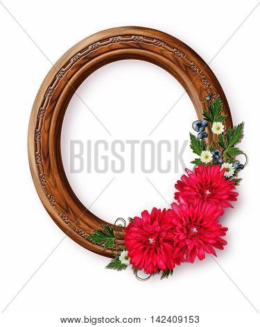 Oval wood picture frame. Bouquet red chrysanthemum. Flower composition. Vintage style. Isolated.