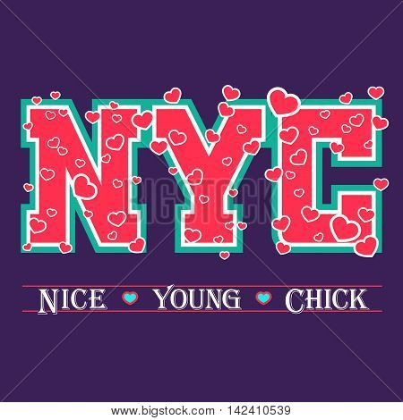 T shirt typography graphic New York. Athletic style NYC. Girl fashion stylish print for sports wear. College team. Cute template for apparel card label poster. Symbol varsity. Vector illustration