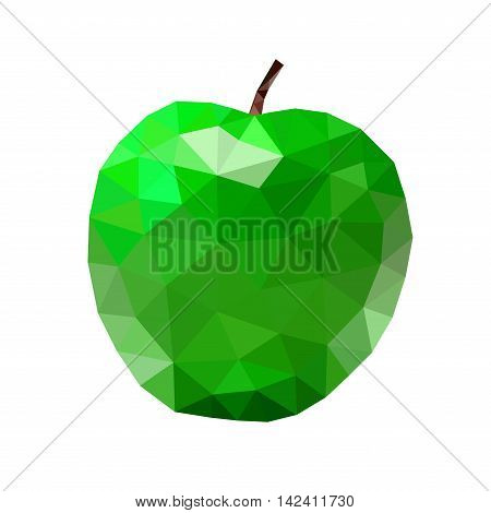 Low poly apple icon. Green bright closeup sign isolated on white background. Symbol nature summer fresh and healthy food health. Creative fruit. Triangular polygonal shape object Vector illustration