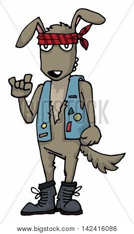Rock and roll, heavy metal dog character, with bandanna, and denim vest, vector illustration, isolated on white