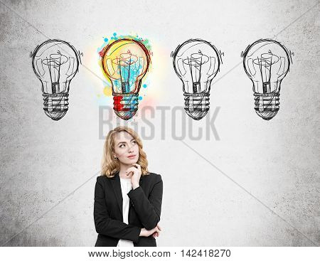 Woman in suit standing near concrete wall with light bulb doodles and thinking. One out of four lbulbs is lit. Concept of high probability