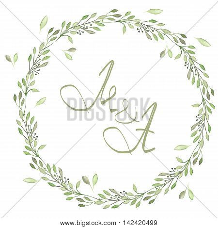 Circle frame, wreath of tender branches with green leaves painted in watercolor on a white background, greeting card, decoration postcard or invitation