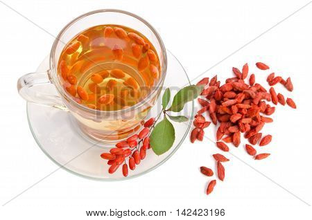 goji fresh antioxidant tea isolated on white background. top view