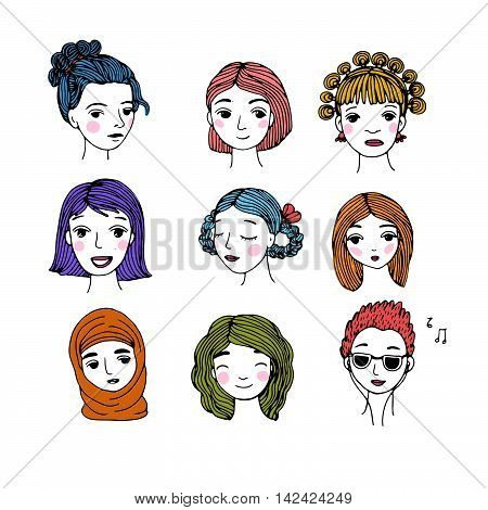 Different faces. Hand drawing isolated objects on white background. Vector illustration.