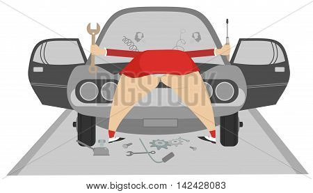 Women repairs a car. Funny cartoon big bottom women repairs a car