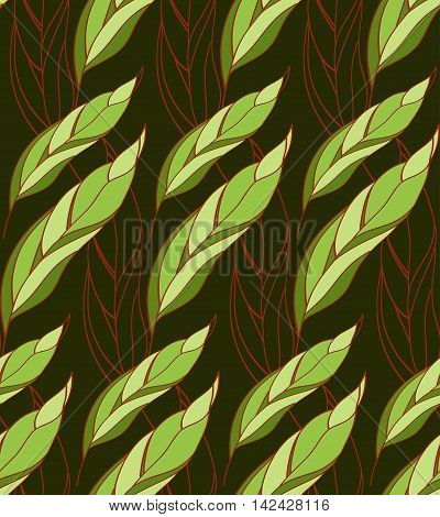 Seamless floral pattern of leaves on a dark background. Vector abstract leaves