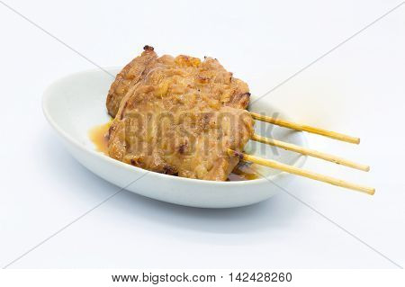 BBQ sticks roast pork on white background