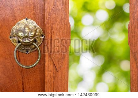 Chinese Traditional Wooden Door Opening green bokhe of nature background.