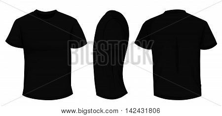 Vector illustration of blank black men t-shirt template, front, side and back design isolated on white