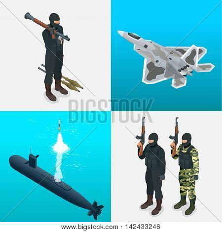 Isometric icons submarine, aircraft, tanks, soldiers. Flat 3d high quality military vehicles machinery transport