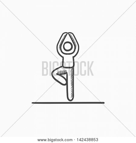Man standing in yoga tree pose vector sketch icon isolated on background. Hand drawn Man standing in yoga tree pose icon. Man standing in yoga tree pose sketch icon for infographic, website or app.