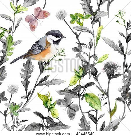 Meadow flowers, grass, herbs, cute bird and butterflies. Seamless floral pattern in black and white colors. Watercolor