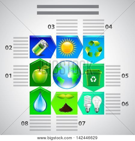 Environment inforgaphics. Ecology objects in arrows around earth globe vector template