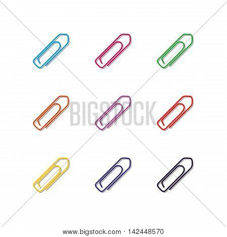 Set of nine multi-colored paper clips with shadow isolated on white background design elements chancellery fifth set vector illustration.