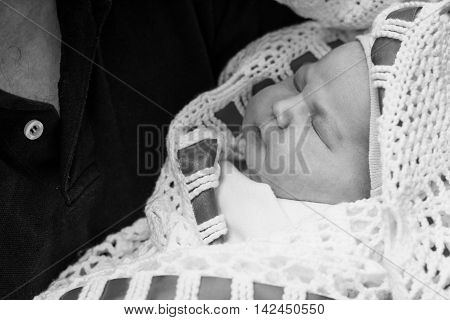 Newborn baby sleeping. Black and white photography
