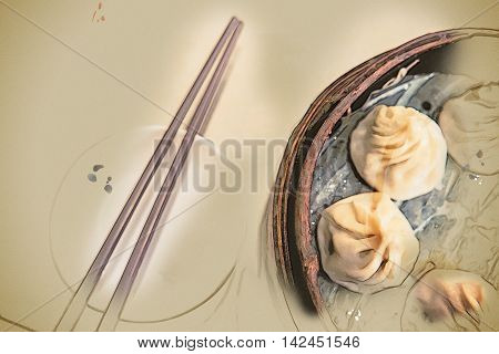 Traditional chinese food, steamed dumpling served on table in a wooden dish and with wooden chopsticks. Vintage painting, background illustration, beautiful picture, travel texture