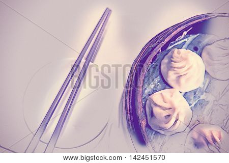 Traditional chinese food, steamed dumpling served on table in a wooden dish and with wooden chopsticks. Vintage painting, background illustration, beautiful picture, travel texture