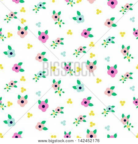 Spring small wild flower field seamless pattern. Floral pink millefleur vector pattern on white background. For fabric textile prints and apparel.