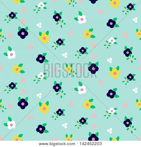 Spring small wild flower field seamless pattern. Floral blue millefleur vector pattern on blue background. For fabric textile prints and apparel.