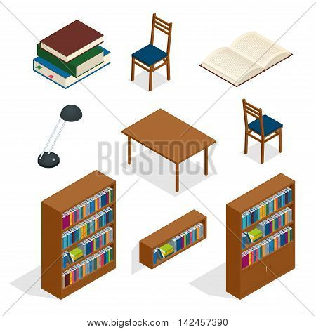 Library isometric icon set. Publications storage library archive catalog helves abstract isolated vector illustration