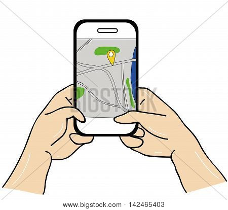 Hands holding smart phone with GPS navigation map of the city on the smartphone screen. Mobile navigation concept