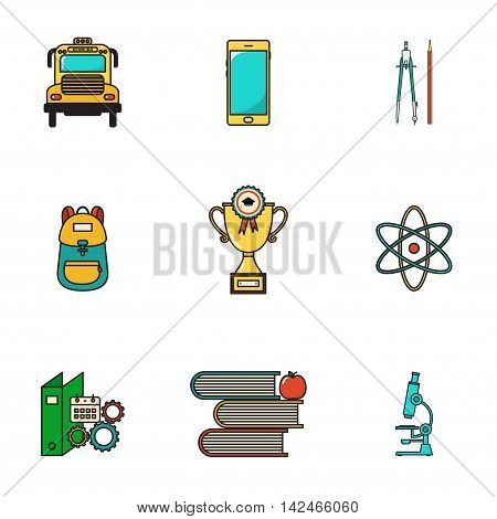 Vector illustration of back to school icon collection. Colorful flat line style. Isolated on white background.