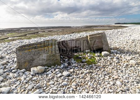 World War Two Pillbox Sinking Into Pebbled Beach, Aberthaw